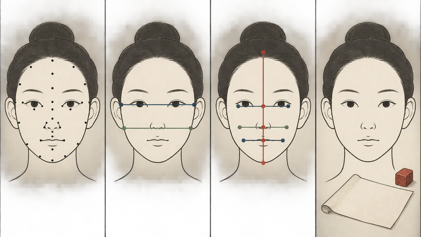 한 얼굴을 네 칸에 나누어 기준점 찾기, 가로 구간 비교, 세로와 좌우 비율 비교, 한 장의 기록 완성 순서로 그린 생성 개념도