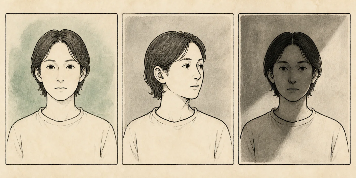 왼쪽부터 고른 빛의 정면 얼굴, 옆으로 고개를 돌린 얼굴, 강한 그림자가 진 정면 얼굴을 비교한 생성 촬영 안내도