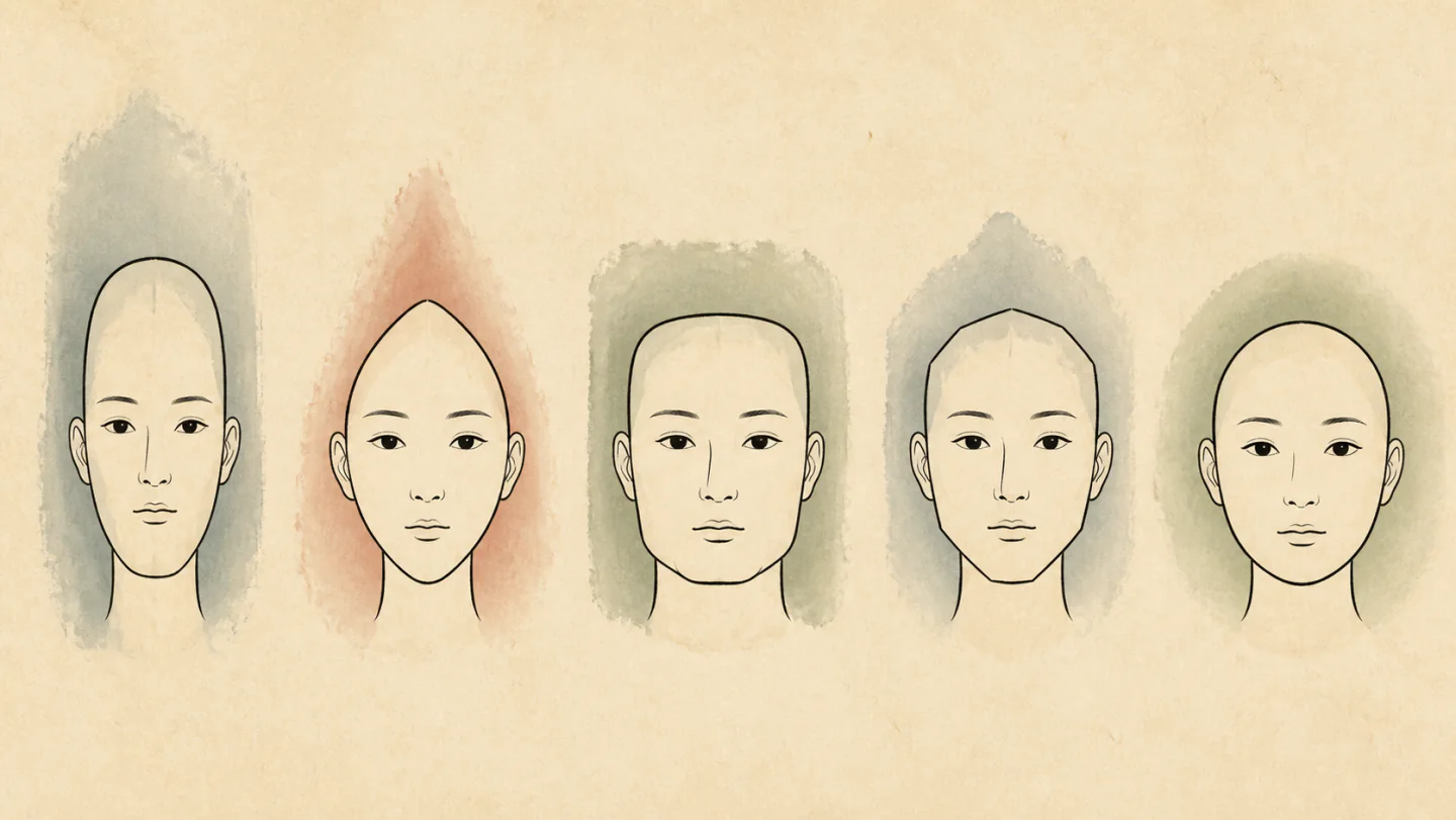 왼쪽부터 세로로 긴 목형, 위가 뾰족한 화형, 넓고 반듯한 토형, 각진 금형, 둥근 수형의 윤곽을 나란히 단순화한 생성 개념도