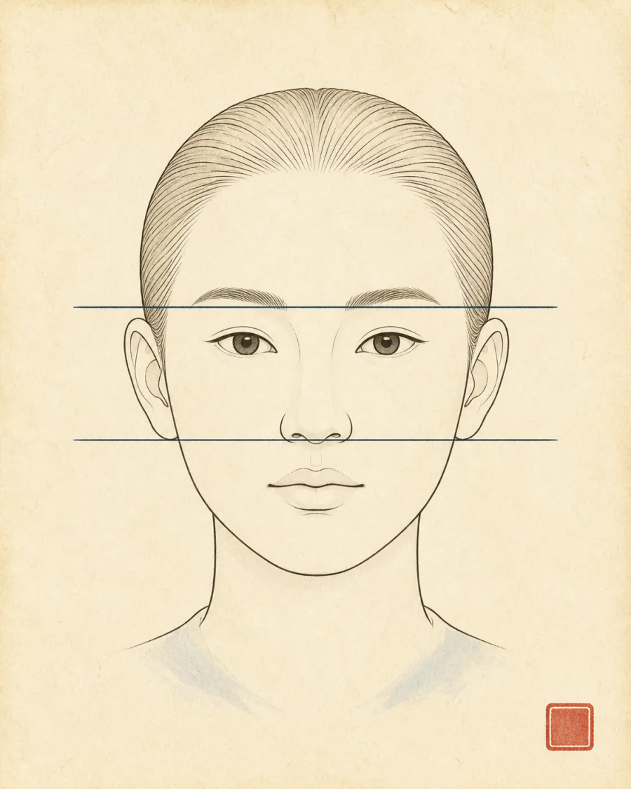 정면 얼굴 위 눈썹과 코끝 부근에 두 가로선을 그어 위·가운데·아래 세 구획을 보인 생성 개념도